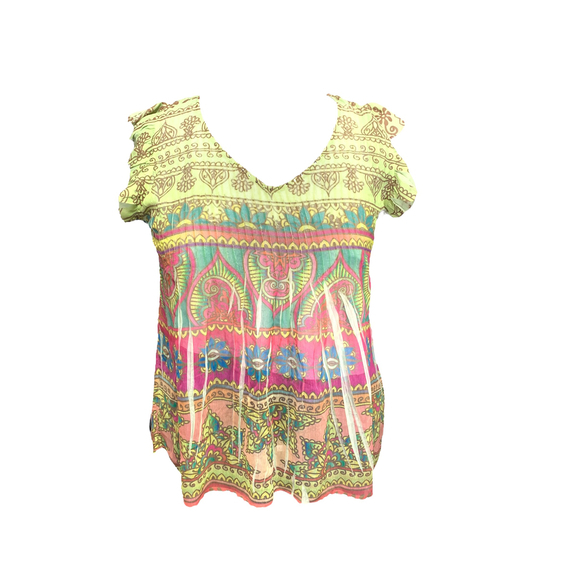 Women's One World semi-sheer blouse, sz L, green, pink, sequin, flutter sleeve - Picture 2 of 7